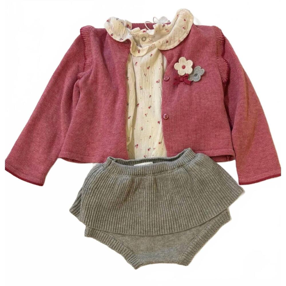 NEW MAYORAL girl's tricot 3 pieces skirt set in pink/gray/white